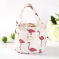 Cream linen lunch bag with red flamingo pattern and drawstring closure for daily meals - Drawstring Style / White Flamingo