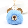 Light blue faux fur bear keychain with brown leather ears and golden lobster clasp - Blue