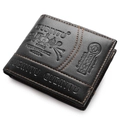 Detalle de la cartera de cuero negro con costuras naranjas y logotipo en relieve - Negro
