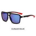 Square sports sunglasses with matte black frames, red accents, and blue mirrored lenses - Black Frame Blue Coating