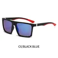 Square frame sunglasses in matte black with blue mirror lenses and red temple grips - Black Frame Blue Mirrored Lens