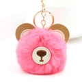 Cute pink faux fur bear bag charm with leather ears and golden metal keychain ring - Watermelon red