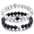 Bracelets de 8mm en pierre de lave noire mate et turquoise blanche pour couples - Howlite Blanche Lave Volcanique