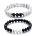 Macro detail of 8mm matte black and white turquoise bead couple distance bracelets - Imported White Turquoise Matte Style (02) / Set of 2