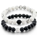 Detailed macro view of 8mm matte black onyx and white turquoise couple bead bracelets - Imported White Turquoise Matte Style (01) / Set of 2