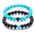 Set of 8mm matte black and white turquoise beaded bracelets for couples on white backdrop - Blue Turquoise Matte Style / Set of 2