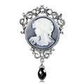 Broche vintage victoriano con retrato camafeo, cristales y colgante de gota negra elegante - Plata con Cameo Gris y Negro(C051-A)