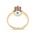 Golden Hamsa Hand ring with Turkish Blue Evil Eye and colorful zircon stones - Gold
