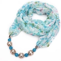 Detail of light blue floral chiffon scarf necklace with blue and gold beads decoration - Pale Blue