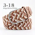 Elastic woven belt in beige, coffee, and white fibers with a silver metal pin buckle - 107cm / Beige Coffee White