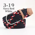 Navy red and white braided stretch belt with silver D-ring buckle and brown leather trim - 107cm / Navy Red White