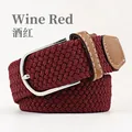 Elastic braided waist belt in burgundy red with brown leather trim and metal D-ring buckle - 107cm / Burgundy