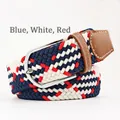 Elastic woven belt with blue, white, and red stripes and silver pin buckle closure - Blue Red White