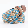 Elastic woven belt in Milan White mix with silver metal buckle and brown leather trim - 107cm / Khaki Blue White
