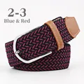 Elastic woven belt in blue and red stripes with silver D-ring buckle and leather accents - 107cm / Blue and Red