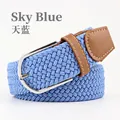 Sky blue elastic woven stretch belt with silver needle buckle and brown faux leather trim - 107cm / Sky Blue