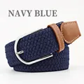 Navy blue elastic woven belt for men and women with silver buckle and brown leather tip - 107cm / Navy Blue