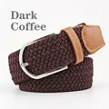 Elastic woven belt in dark coffee color with silver pin buckle and brown leather trim - 107cm / Dark Coffee