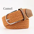 Men's and women's camel woven elastic belt with silver pin buckle and leather trim - 107cm / Camel