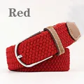 Men's and women's red elastic braided canvas belt with silver pin buckle and leather trim - 107cm / Red