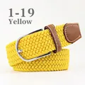 Adjustable yellow elastic woven canvas belt with silver pin buckle and brown leather trim - 107cm / Yellow