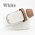 Elastic braided stretch belt in white with silver pin buckle and brown leather trim - 107cm / White