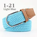 Elastic woven belt in light blue with brown leather detail and silver metal buckle - 107cm / Pale Blue