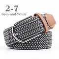 Elastic braided belt in gray and white with silver needle buckle and brown leather accents - 107cm / Grey and White