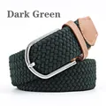 Dark green elastic woven stretch belt with silver D-ring buckle and brown faux leather - 107cm / Dark Green