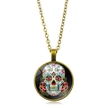 Bronzen halsketting met Mexicaanse suikerschedel glazen hanger en rode rozen - Brons