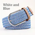 Elastic woven belt in blue and white herringbone with brown leather trim and pin buckle - 107cm / White and Blue
