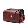 Brown leather men's belt pouch with multiple zipper pockets and lychee texture - 3306 Light Coffee Triple Layer 16cm