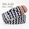 Elastic braided belt in blue and white weave with silver buckle and brown leather accents - 107cm / Blue + White