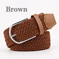 Men's and women's brown elastic woven belt with silver needle buckle and leather trim - Brown