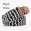 Elastic woven belt with black and white diagonal pattern and silver metal buckle - 107cm / Black+White