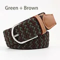 Elastic braided belt in green and coffee brown with silver buckle and leather trim - 107cm / Coffee and Green