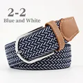 Elastic woven canvas belt in blue and white stripes with a silver metal D-ring buckle - 107cm / Blue and White