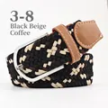 Elastic braided belt in black, beige, and coffee with silver buckle and leather details - 107cm / Beige Black Coffee