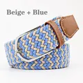 Casual braided elastic belt in beige and light blue fiber with silver alloy buckle - 107cm / Beige and Blue