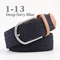 Elastic braided waist belt in dark navy blue with brown faux leather trim and silver D-ring - 107cm / Dark Navy Blue
