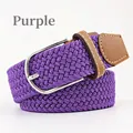 Elastic braided canvas belt in purple with silver buckle and brown leather trim - 107cm / Purple