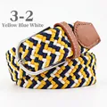 Braided elastic belt with yellow, blue, and white geometric pattern and metal buckle - 107cm / Yellow Blue White