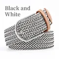Elastic woven canvas belt in black and white check pattern with silver buckle - 107cm / White and Black