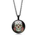 Mexikanische Zuckerschädel-Halskette mit schwarzer Kette und Glas-Anhänger für Damen - Schwarz