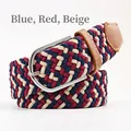 Elastic woven belt in blue, red, and beige with brown leather ends and silver pin buckle - 107cm / Blue Red Beige