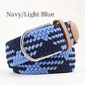 Elastic woven belt in navy and light blue with silver buckle and brown leather accents - 107cm / Navy Mixed Orchid