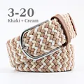Elastic braided belt in khaki and beige weave with polished silver buckle for casual wear - 107cm / Khaki Beige White