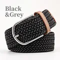 Casual elastic woven belt in black and grey pattern with silver buckle and leather trim - 107cm / Black and Grey