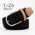 Elastic woven belt in black with silver buckle and brown PU trim details - 107cm / Black