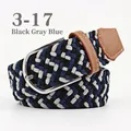 Elastic woven belt in black grey blue pattern with silver metal pin buckle - Black Grey Blue